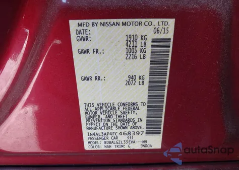 2015 Nissan Altima 2.5 S from USA, damaged, VIN 1N4AL3AP4FC468397